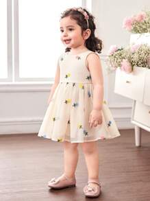Babygirl Cute & Elegant Apricot Floral Print Organza Dress - Multicolor - View 6