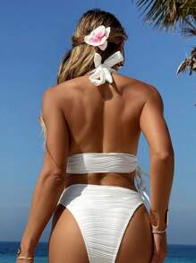 SHEIN Swim 女士夏季海滩度假两件套纯色纹理面料侧系带短款上衣和高腰下装比基尼泳装套装 - 白色 - 查看 2