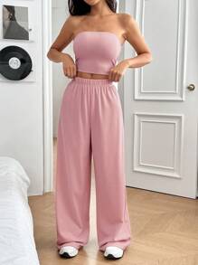 SHEIN EZwear Conjunto casual feminino de 2 peças, blusa e calça - Rosa - Ver 5
