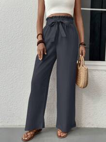 Solid Color Paper Bag Waist Drawstring Pockets Casual Pants - Dark Grey - View 6