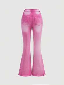 SHEIN Teen Girl Casual Daily Washed Slanted Pocket Flared Jeans - Pink - View 2
