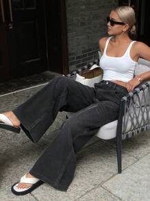 Distressed Wash West Cowboy Fade Wide Leg Loose Jeans, Casual Women Summer Denim Pants - Grey - View 4