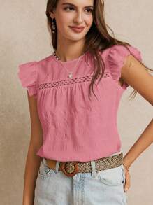 Poéselle 夏季度假婚礼季，精美的荷叶边纯色衬衫，夏季，可爱的上衣，优雅浪漫，波西米亚风，休闲风格，必备，夏季，婚礼季