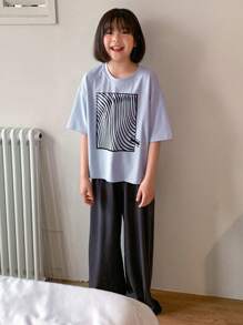 DAZY Tween Girls Round Neck Knit Print Short Sleeve T-Shirt + Pants Set, Home Clothes For Spring & Summer,Back To School Clothes - Blue - View 1