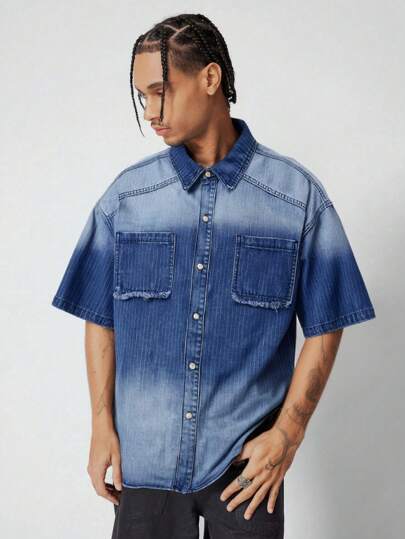 Street Life Camisa vaquera de manga corta y efecto lavado y degradado para hombre