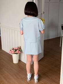 DAZY 2pcs Tween Girl Doll Face Knitted Printed Short Sleeve T-Shirt + Knit Skirt Set, Summer,Back To School Clothes - Blue - View 2