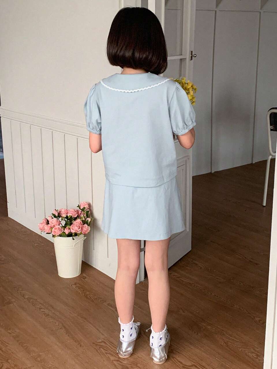 2pcs Tween Girl Doll Face Knitted Printed Short Sleeve T-Shirt + Knit Skirt Set, Summer,Back To School Clothes