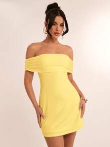 SHEIN BAE 夏季海滩度假纯白色露肩后蝴蝶结迷你连衣裙，适合日常约会、夜间外出、夜总会、派对、聚会、鸡尾酒会、泳池派对、返校季节服装、学校季节连衣裙、节日连衣裙女士连衣裙 - 黃色 - 查看 4