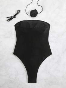 SHEIN Swim Women's New Summer Beach Solid Color Textured Sexy Strapless Backless Removable Strap 3D Flower Neck One-Piece Swimsuit - Black - View 6