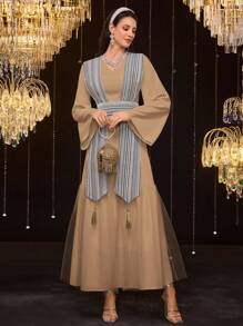 Al Najma Elegant Women's Arabic Stitching Knit Splice Dress, Modest - Camel - View 4