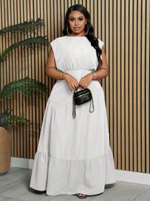 Slaydiva Plus Size Women's Elegant Cocktail Party Vacation V-Neck Sleeveless Solid Color Asymmetrical Cutout Patchwork Thin Long Dress, Spring/Autumn - White - View 5