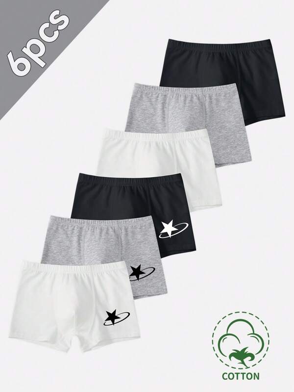 6件装 幼儿男童简约星形印花图案黑色、白色、灰色三角裤