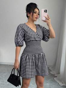 Chiquease Vestido corto negro y blanco con estampado de cuadros con mangas de linterna y cintura ajustada para mujeres - Blanco y Negro - Ver 1