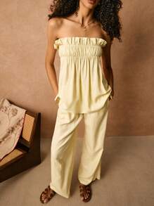 Poéselle Women's Two Pieces Suit, Linen Two Pieces Suit, With Pockets, Yellow Two Pieces Suit 2pcs/Set Vacation Casual Solid Color Bandeau Top And Long Pants Set Tube Top&Baggy Linen Pants Summer Clothes Two Pieces Outfits Summer Women Clothes Summer Two Pieces Outfits Yellow Pants Set, Butter Yellow - Yellow - View 2