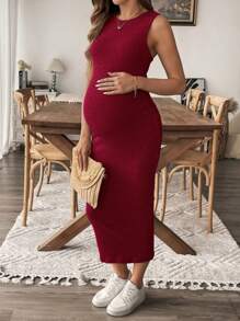 SHEIN Maternity Solid Color Round Neck Side Slit Sleeveless Bodycon Cami Dress - Red - View 6