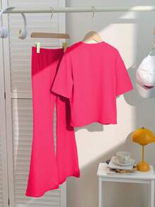 SHEIN 2pcs/Set Tween Girls Casual Simple Round Neck Short Sleeve Top And Pants Set, Summer - Hot Pink - View 2