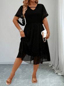 SHEIN Clasi Robe élégante ajustée en maille imprimée argent métallisé grande taille - Noir - Voir 1