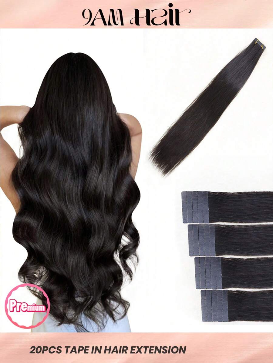 20pcs 50g Natural Black Color Straight Tape In 100% Remy Human Hair Extension For Salon Silky Seamless Invisible For Thin Hair Woman Natural Look Top Quality - Natural Black - View 1