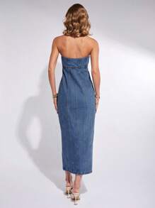 COSMINA 女士优雅牛仔抹胸连衣裙，春夏 - 藍色 - 查看 2