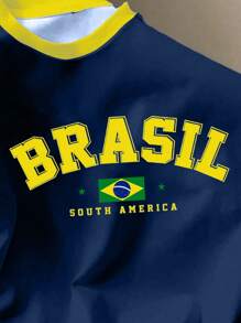 SHEIN EZwear 休闲简约“BRASIL”图案圆领短袖宽松T恤女款，适合夏季
