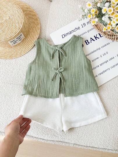 SHEIN LMoss Kids Top de tirantes estilo racer con moño en la espalda en color verde, casual y versátil para el verano, para bebé niña