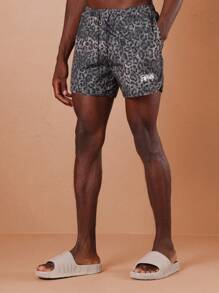 SUMWON 优质动物印花高性能泳裤豹纹图案运动沙滩冲浪短裤运动泳裤度假抽绳健身泳池派对度假弹性腰部运动