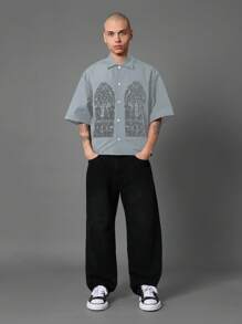 SUMWON Cathedral Window Art Print Oversized Button-Up Shirt Streetwear Gothic Architecture Design Lightweight Summer Fashion Statement Short Sleeve Button Front