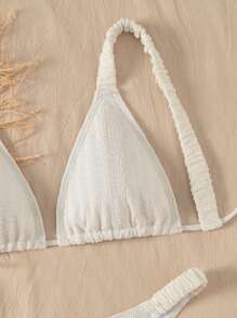 SHEIN Swim Bikini de primavera de dos piezas con textura lisa, almohadillas desmontables y fruncido - Beis - Ver 4