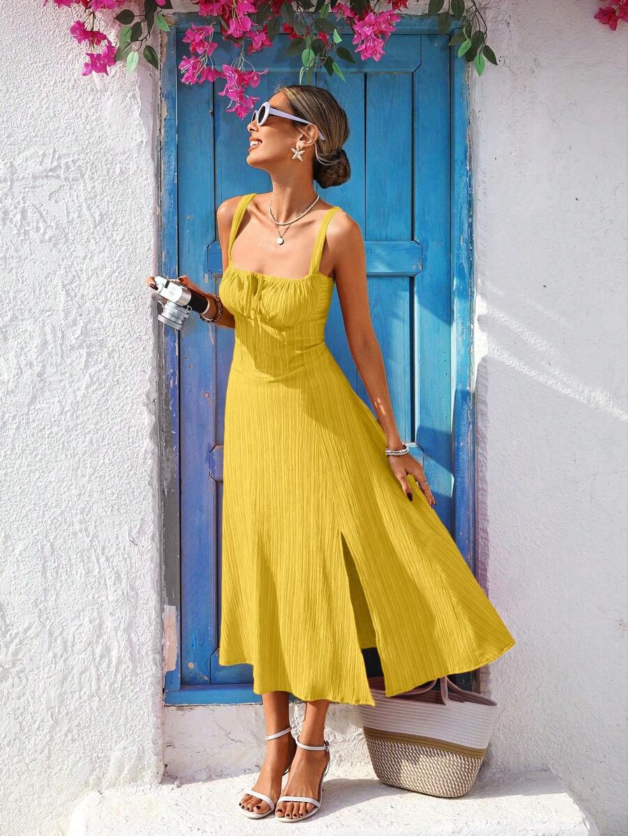 Vivid Eden Mid-Length Casual Dress For Women, Suitable For Summer,Yellow Dress,Vacation Style,Summer Dresses For Women,Vacation Outfits Women,Summer Outfits For Women - Yellow - View 1