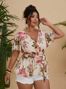 Flirla Große Größen V-Ausschnitt Rüschenärmel Chiffon bedruckte Taille geschnürt A-Linie elegante Vintage Sommer Urlaubs Bluse für Frauen - Verschiedenfarbig - Übersicht 6