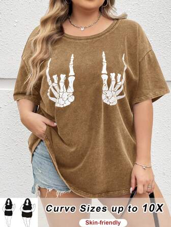 SHEIN CURVE+ 大码女装秋冬夏季开学季校园街头西式复古针织Vintage宽松柔软针织面料骷髅手图案卡通图案短袖T恤