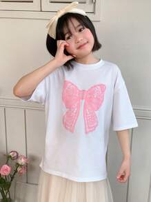 DAZY Áo thun tay ngắn cổ tròn in hình bướm cho bé gái tuổi mới lớn, Xuân/Hè, Quần áo cho bé gái tuổi mới lớn, Quần áo trở lại trường - trắng - Xem 6