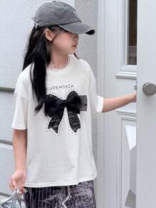 DAZY Tween Girl Round Neck Knit Printed Short Sleeve T-Shirt, Summer, Back To School Clothes - White - View 9