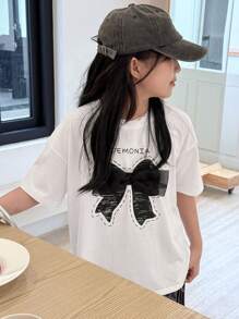 DAZY Tween Girl Round Neck Knit Printed Short Sleeve T-Shirt, Summer, Back To School Clothes - White - View 5