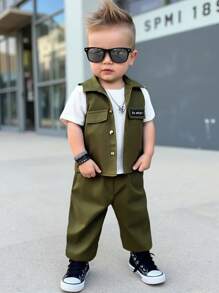 SHEIN 3pcs Baby Boy/Girl Olive Green Vest,Short Sleeve T-Shirt And Pants Set,Autumn Street Life Casual Graphic Street Fashion,Vacation Soft Sporty Outfit - Green - View 1