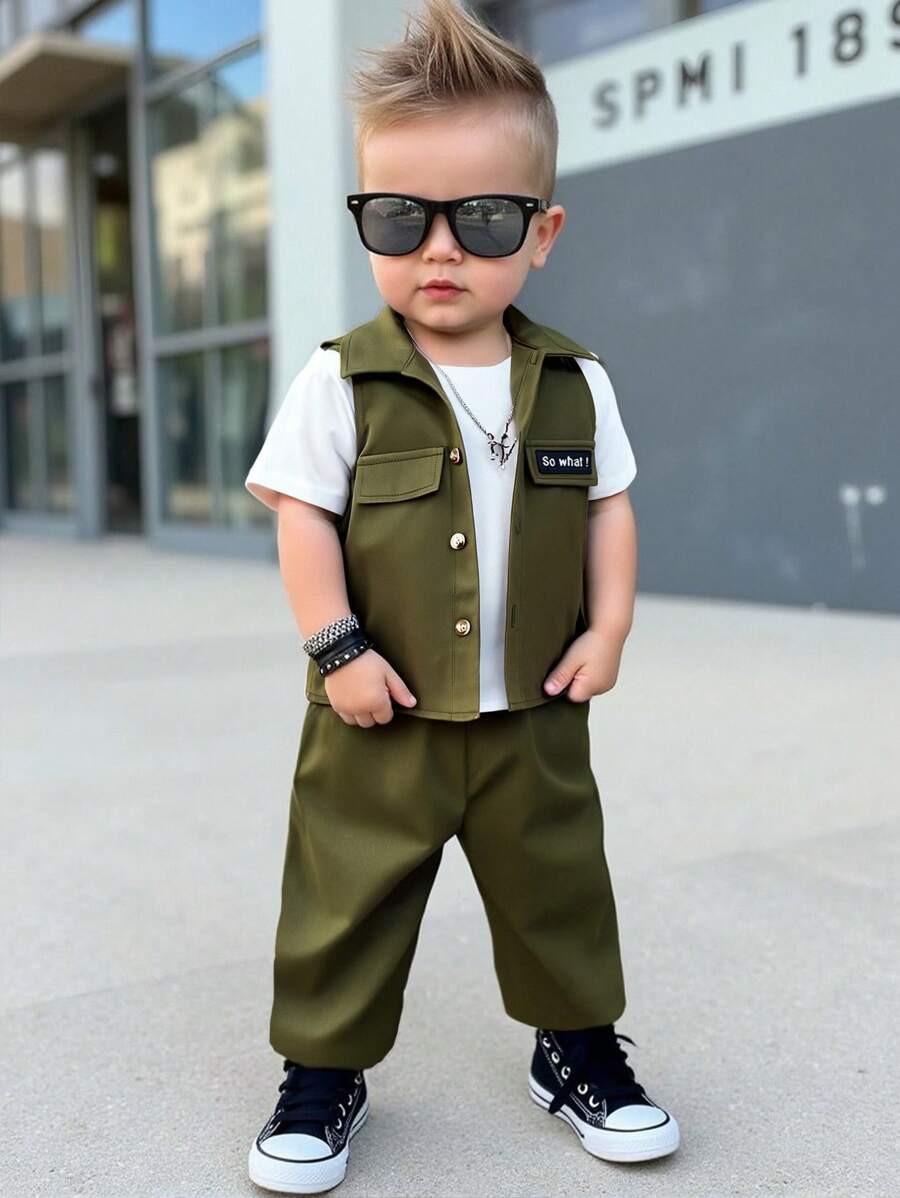 SHEIN 3pcs Baby Boy/Girl Olive Green Vest,Short Sleeve T-Shirt And Pants Set,Autumn Street Life Casual Graphic Street Fashion,Vacation Soft Sporty Outfit - Green - View 1