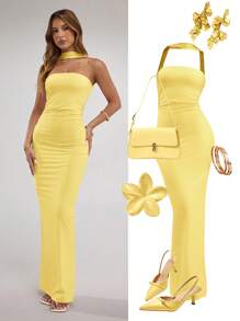 SHEIN BAE Đầm suông cổ yếm xếp ly màu trơn thanh lịch cho nữ - Màu vàng - Xem 6