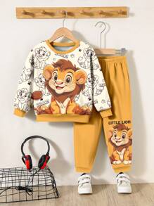SHEIN 男婴卡通狮子印花宽松针织圆领休闲毛衣和短裤套装 - 彩色 - 查看 2