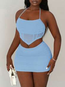 Slaydiva 2pcs/Set Sexy Vacation Spaghetti Strap Camisole Top & High Waisted Ruched Short Mini Skirt Set - Blue - View 1