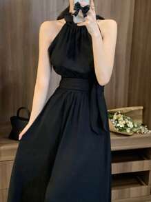DAZY Elegant Ladylike Tie-Neck Waist Cinched Dress For Women - Black - View 7