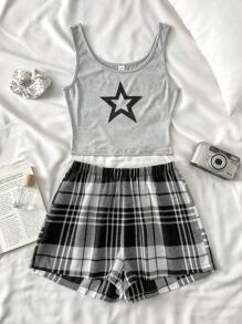 SHEIN Conjunto de Pijama em 2 peças de Regata com Estampa de Estrelas Minimalista e Shorts Xadrez para Adolescentes, Roupa de Descanso Casual e Confortável