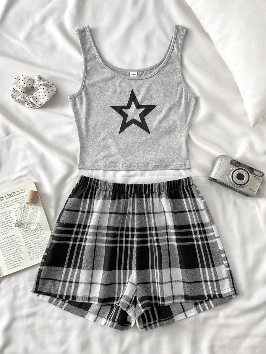 SHEIN Conjunto de Pijama em 2 peças de Regata com Estampa de Estrelas Minimalista e Shorts Xadrez para Adolescentes, Roupa de Descanso Casual e Confortável