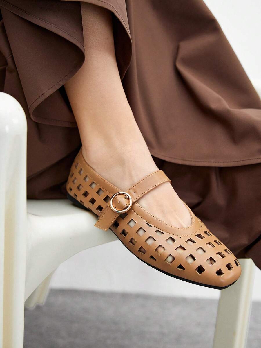 CUCCOO BIZCHIC Women Shoes New French Fashion PU Leather Mesh Buckle One Word With Square Toe Flat Sole Shoes, Apricot Versatile Elegant Breathable Lightweight One Pedal Comfortable High-End Sandals - Brown - View 1