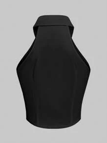 Flirla 无袖前褶收腰短款女式衬衫，时尚百搭简约衬衫 - 黑色 - 查看 2