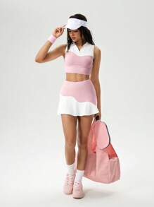 Hanevo 2pcs/Set Women's Summer Fashion Polo Collar Ombre Wave Design Crop Top And Elastic Waist Ombre Wave Ruffle Hem Mini Skirt Sportwear For Daily Wear - Black and White - View 4