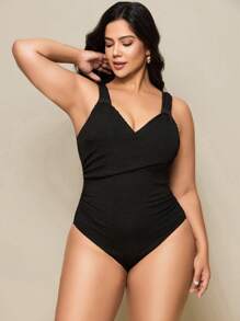 Swim Basics Plus Size One Piece Swimwear, Minimalist Beach Holiday Style For Summer Beach Vacation - Black - View 6