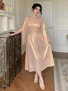 DAZY Đầm midi dài tay xếp ly eo cao thanh lịch mới cho nữ mùa thu - Hồng - Xem 5