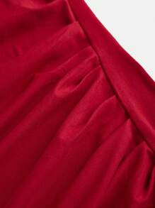 SHEIN Girlism 少女红色紧身针织褶皱腰不对称下摆优雅复古优雅长袖连衣裙，适合圣诞节、派对、生日、女孩少女服装 - 酒紅色 - 查看 6