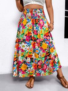 Breezaya 大码女式花卉印花褶皱腰休闲假日 A 字裙，适合度假和日常通勤 - 彩色 - 查看 3