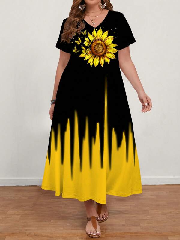 EMERY ROSE 大码女式休闲简约向日葵全印花 V 领短袖连衣裙，适合夏季